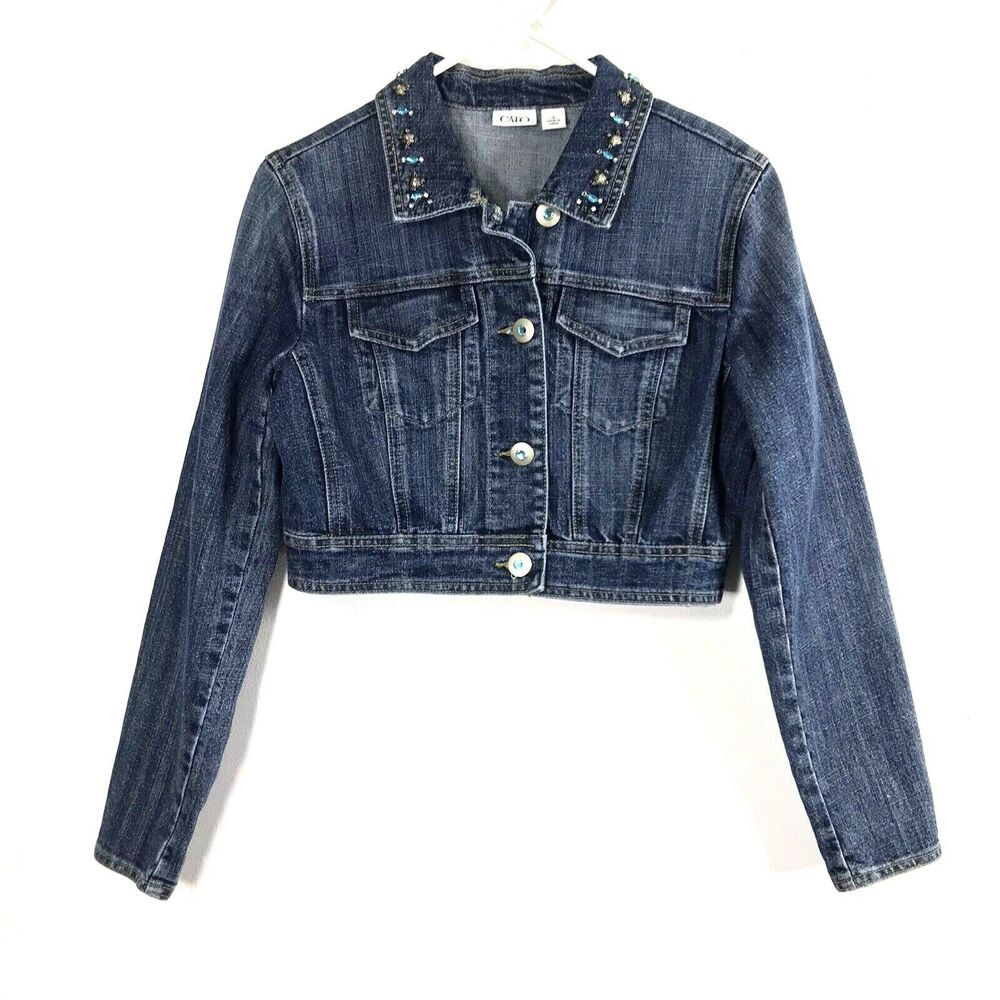 Catos Cropped Jean Jacket Womens Small Denim Blue Rhinestone Beads Button Down
